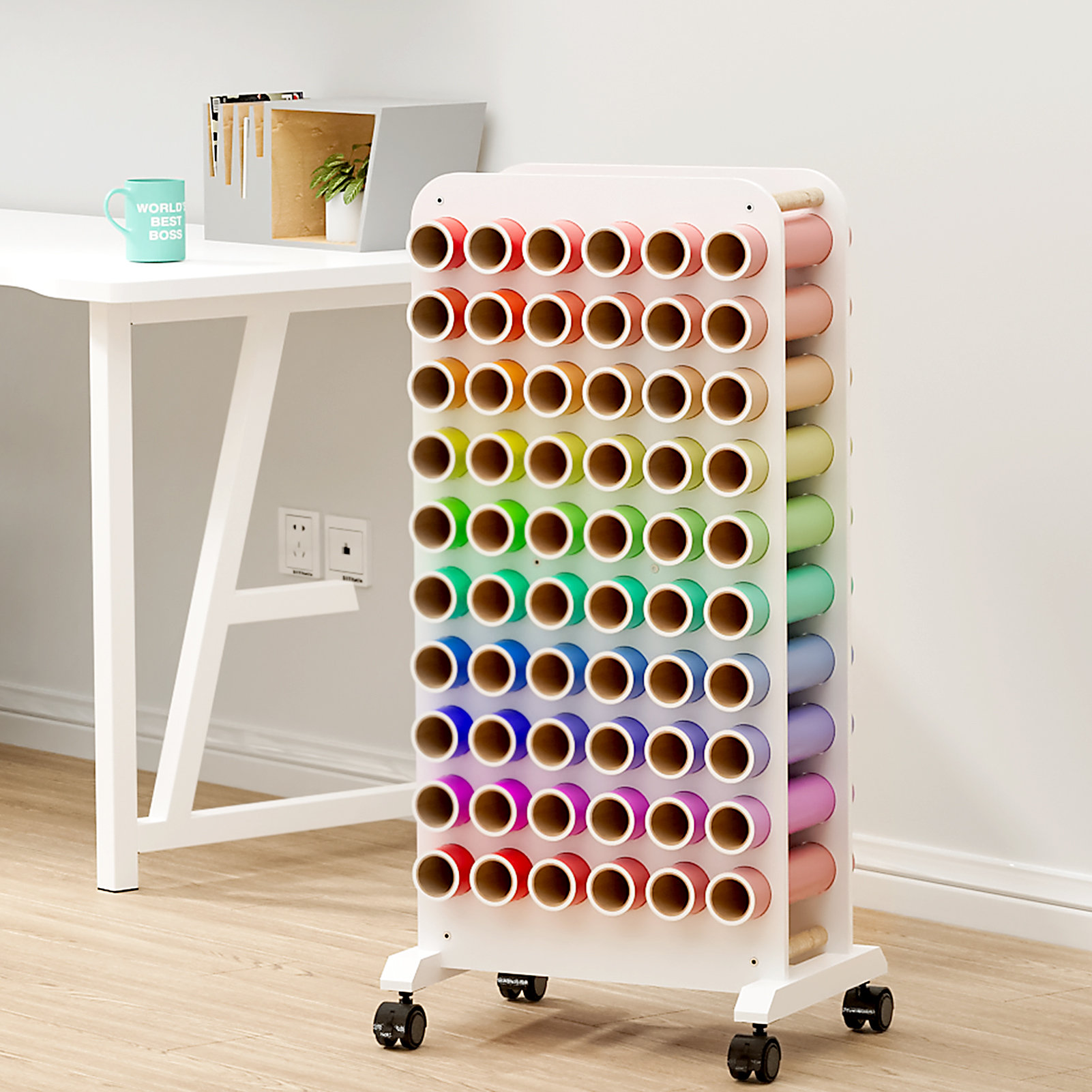 Ackitry Craft Table Mobile Vinyl Roll Holder 60 Compartments Vinyl Storage  table with Locking Caster Wheels