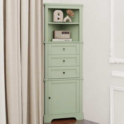 Grande armoire triangulaire verte avec 3 tiroirs et tablettes réglables pour la salle de bain, la cuisine ou le salon, panneau de fibres à densité moyenne avec finition peinte