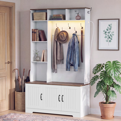 Hall Tree with Bench and Shoe Storage, 5-in-1 Entryway Coat Rack with LED Light Strip, 7 Hooks, Enclosed Cabinets, 5 Storage Cubbies, Spacious Shoe Storage Bench, Entryway Furniture, White