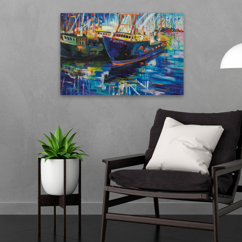 Art bleu et bateaux pour la nuit, H 16 po x l 24 po