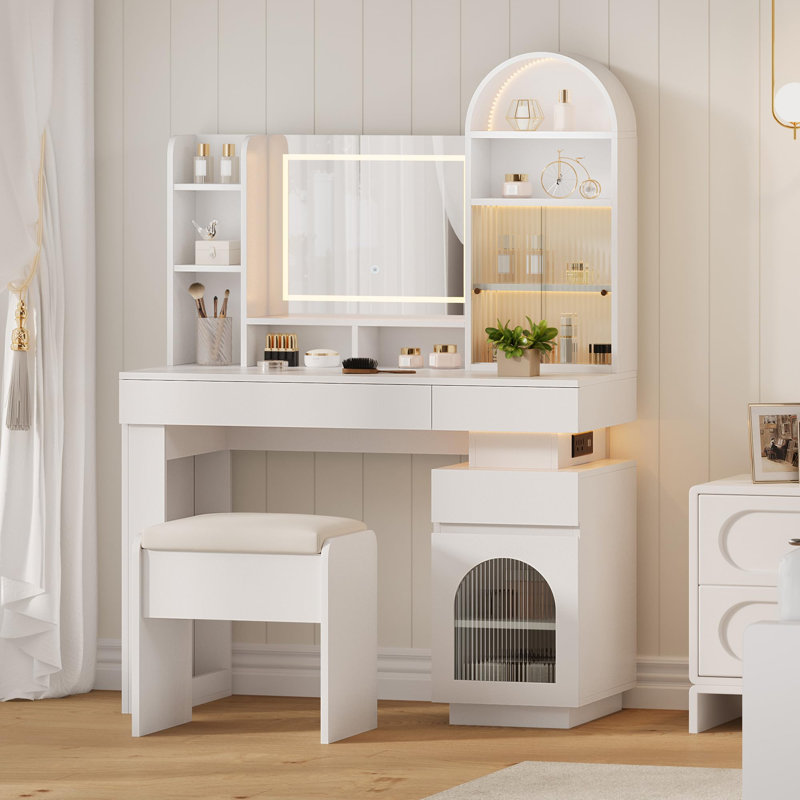 Table de coiffeuse arquée avec miroir et lumières Table de coiffeuse blanche avec 3 tiroirs et 11 tablettes de rangement