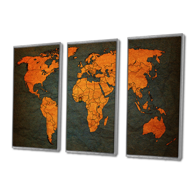 Ancienne carte du monde en Afrique - 3 pièces sur toile, cadre flottant, H 40 po x l 60 po, Argent