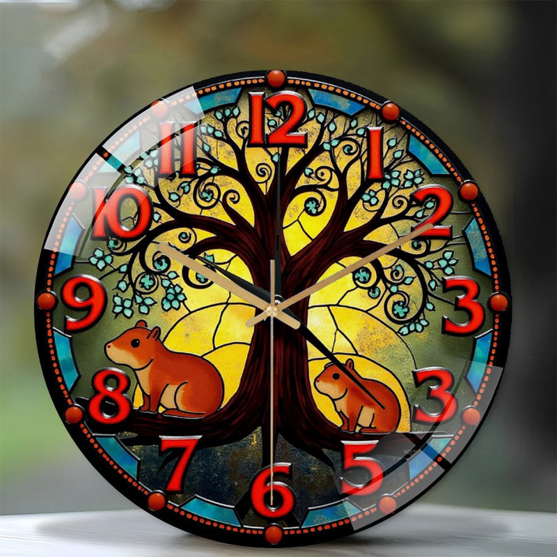 Stained Glass Wall Clock Featuring Tree And Animals Art - 12'' Modern Glass Wall Clock