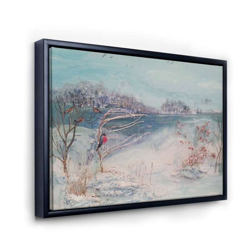 «Winter Trees River and Birds - Floater Frame», reproduction d'art sur toile, H 12 po x l 20 po x p 1 po, Cadre noir