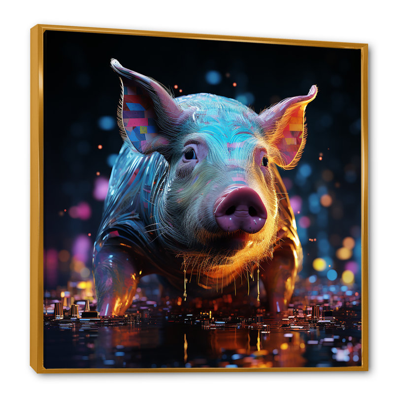 «Digital Delight Night Hog», reproduction d'art sur toile, Cadre flottant doré, H 36 po x l 36 po x P 1,5 po