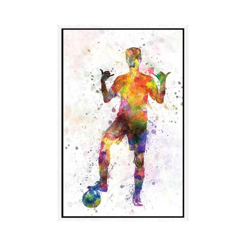 Soccer Football Player Young Man Saluting 1 Piece Floater Frame Wall Art on Canvas, 101.6 cm H x 66.04 cm W, White
