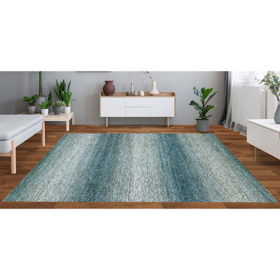 Tapis géométrique rectangulaire en laine noué à la main bleu / gris