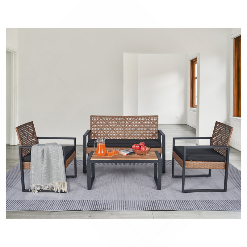 Ensemble de meubles de patio 4 pièces avec balcon et véranda, Black Cushion/Light Brown Frame