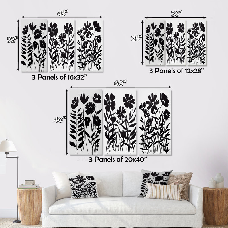 «Black and White Graphic Flowers II», ensemble de 3 reproductions sur toiles tendues, H 32 po x l 48 po x P 1 po