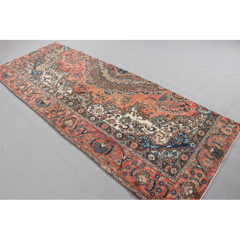 Tapis de couloir turc vintage en laine tissé à la main, idéal pour le couloir dans une teinte orange