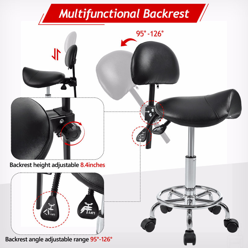 Tabouret de selle avec support pour le dos, tabourets roulants avec repose-pieds, tabouret ergonomique réglable avec roulettes, hauteur et angle de dossier réglables