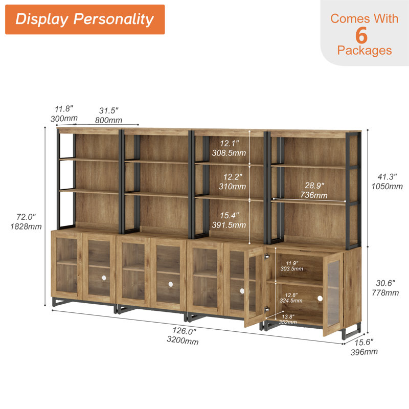 Buffet 4 pièces 72 "avec portes en verre et tablettes réglables, armoire multifonctionnelle avec rangement et tablettes ouvertes pour la salle à manger ou la cuisine