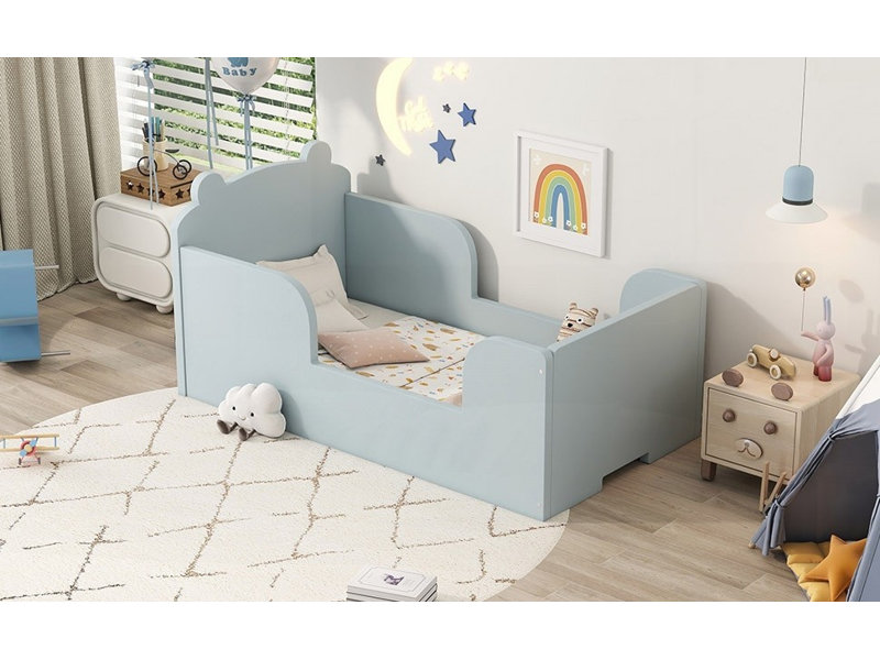 Toddler Floor Bed Frame, Suitable for 3-6 Years Old, Bear Shape, Blue, No Box Spring Needed, Strong &amp; Stable, Twin