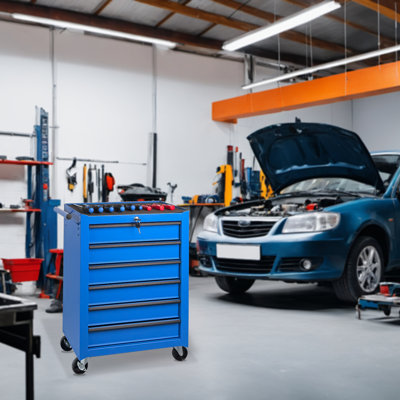 Coffre à outils roulant en métal avec 6 tiroirs, armoire à outils à 6 tiroirs avec glissières à roulement à billes de 20 po, boîte de rangement pour outils en acier - Bleu