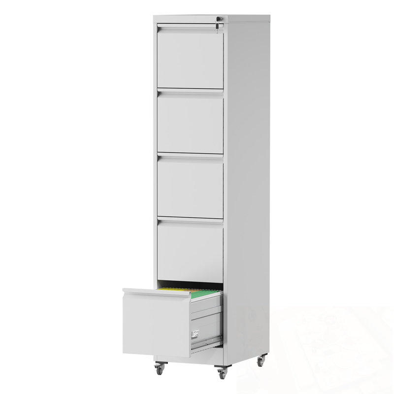 5 Drawers Metal Vertical File Cabinet with Lock on Wheels, White