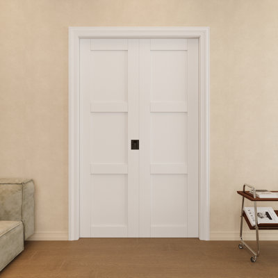 36" x 80" 3-Panel Solid Core Double Pocket Door with Black Lock, Solid Core Door Slab, Paintable & Waterproof, Suit for Closet, Pantry Doors, Bedroom Doors