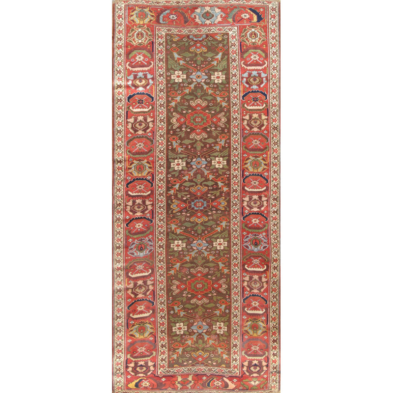 Tapis de couloir beige / brun / rouge en laine noué à la main de style oriental 4 pi 2 po x 9 pi 5 po