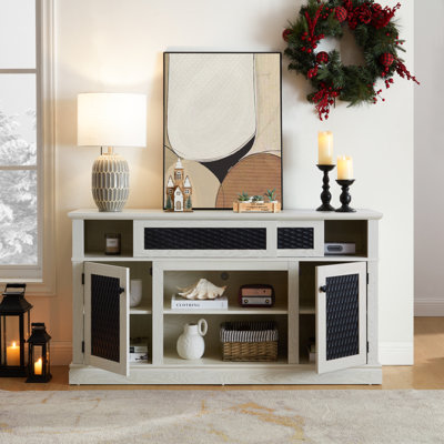Meuble télé et console multimédia à motif en relief avec espace de rangement ouvert et fermé et porte coulissante