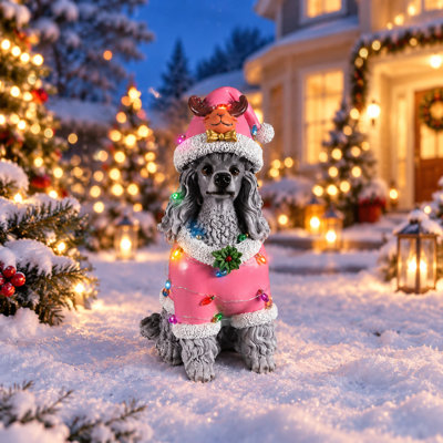 Décoration de Noël de chien caniche de Noël avec guirlande de lumières DEL amovibles, tenue de père Noël en résine pour patio intérieur, patio, porche, jardin, cadeau de décoration intérieure