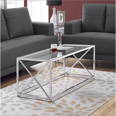 Table basse, accent, cocktail, rectangulaire, salon, l 44 po, verre trempé transparent, métal chromé, contemporain, moderne