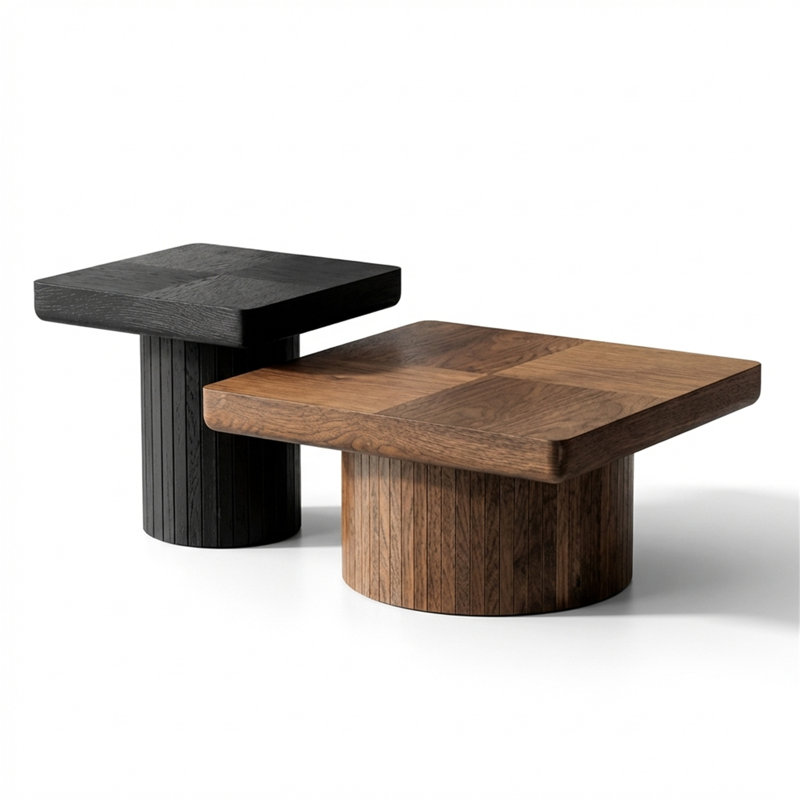 Ensemble de 2 tables basses gigognes en bois avec bases cylindriques et rainurées, parfaites pour le salon, Noir / Noyer