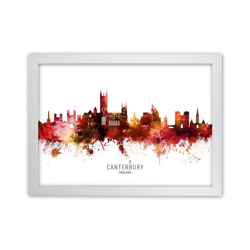 Canterbury England Skyline Red City Name by Michael Tompsett - 1 Piece Wall Art, 21cm H x 29.7cm W x 3cm D, White Framed