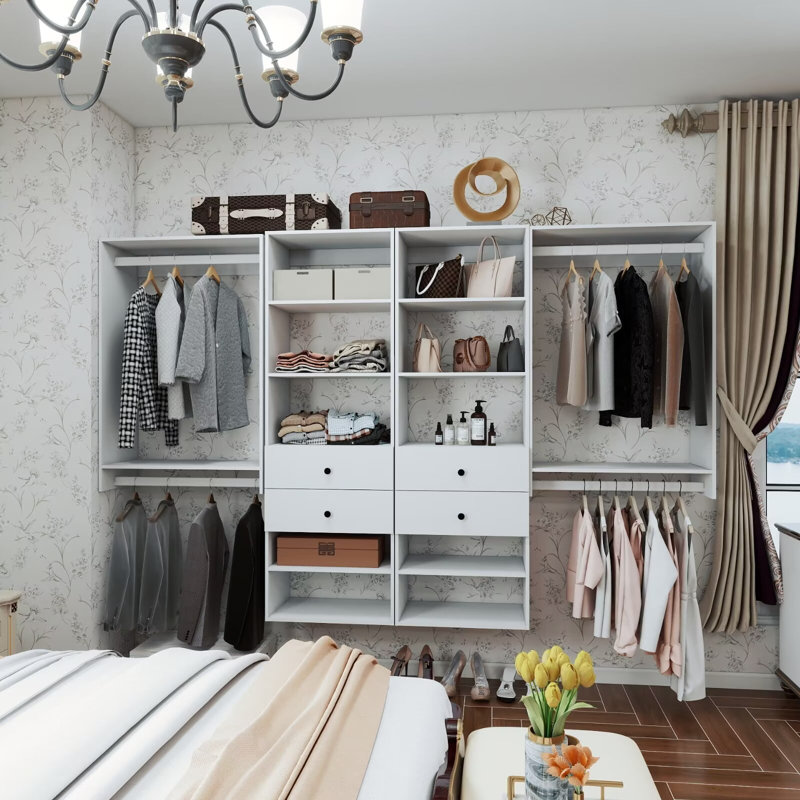 Système d'organisation modulaire blanc avec 4 tringles, 10 tablettes et 4 tiroirs