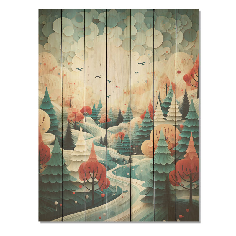 Pin de Noël orange et vert festif II - Forêt sur bois, H 40 po x l 30 po