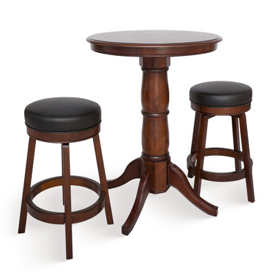 Hathaway Oxford 3-Piece Hardwood Pub Table and Chairs Set – 30-in Round Table with Walnut Sunburst Veneer and 2 Swivel Bar Stools with Cushions – Game Room or Kitchen Seating
