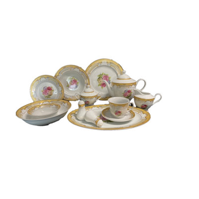 Kyjuan 57 Piece Antique Gold Rose Porcelain China Dinnerware Set - Service For 8