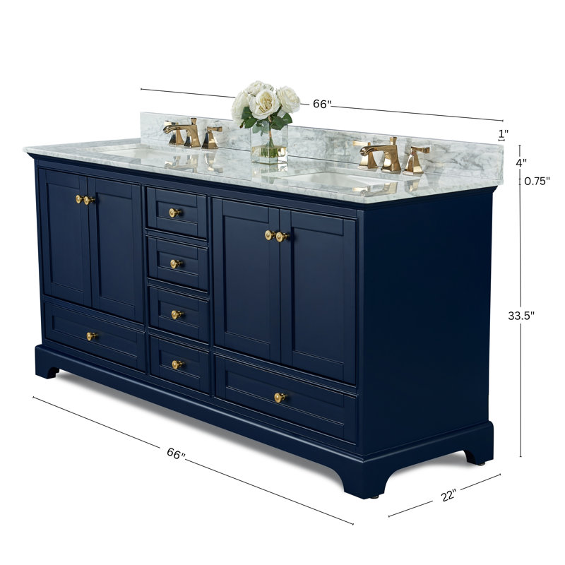 Audrey 66 in. Handmade Double Vanity, Heritage Blue | Brushed Gold, Carrara White