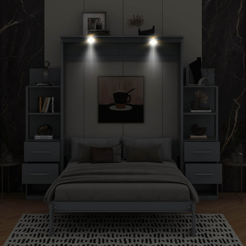 Lit escamotable mural Murphy avec tiroirs, tablettes et DEL, Grand lit, Gris