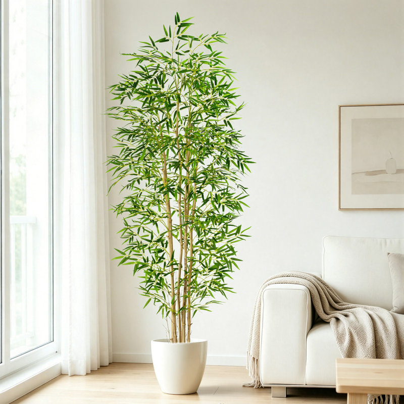 Bambou artificiel de 2,13 m (7 pi), plante d'intérieur en faux bambou avec pot en ciment noir, feuillage artificiel réaliste pour brise-vue, décoration intérieure pour salon, chambre, bureau, entrée et terrasse.