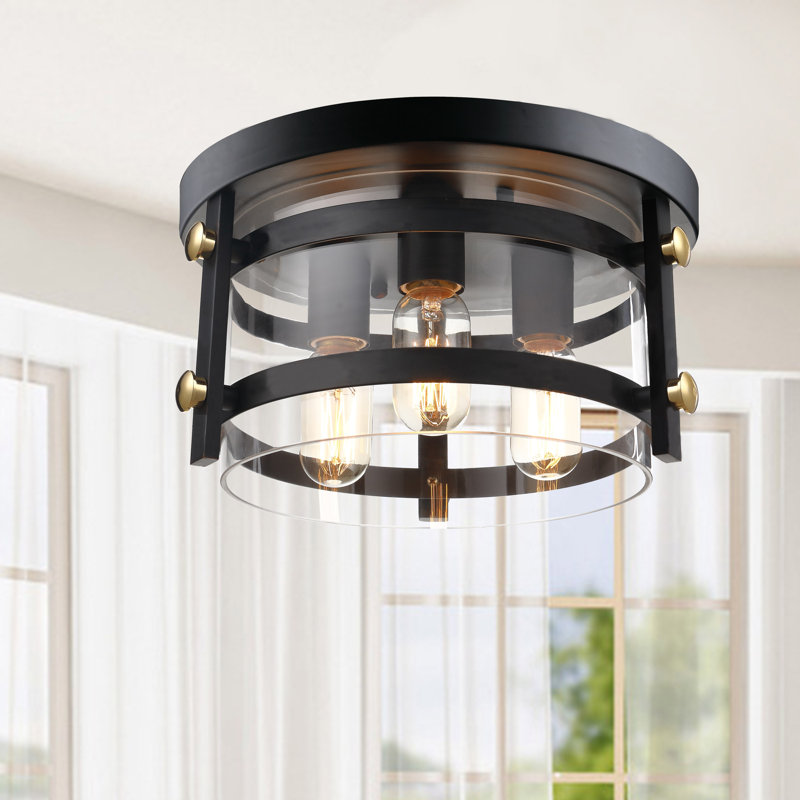 Bursa 3-Light 13'' Metal and Clear Glass Drum Flush Mount