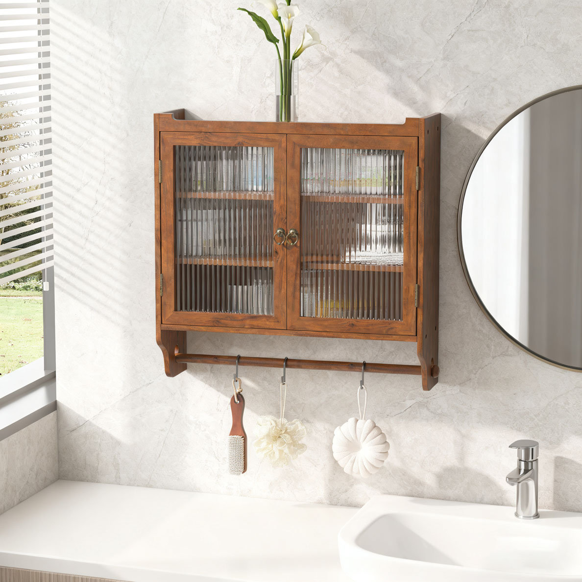 Latitude Run® 24.8"Glass Door Double Door Wall Cabinet with Three Tiers ...