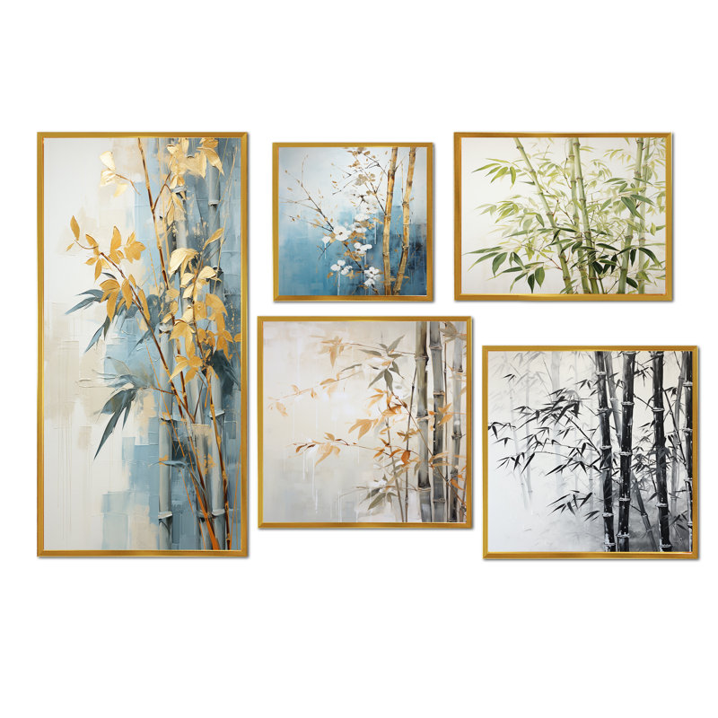 Gold And Blue Bamboo IV - Bamboo Wall Decor Set Of 5, Gold Floater Framed