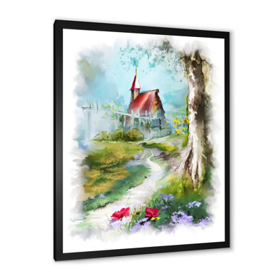 Petite maison avec toit rouge dans la forêt - peinture sur toile