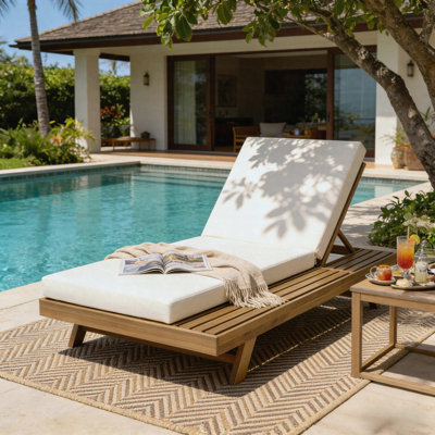 Ensemble de méridienne de détente avec surface latérale peu encombrante, fauteuil inclinable d'extérieur en bois d'acacia brun clair avec coussin épais de 4 po pour patio