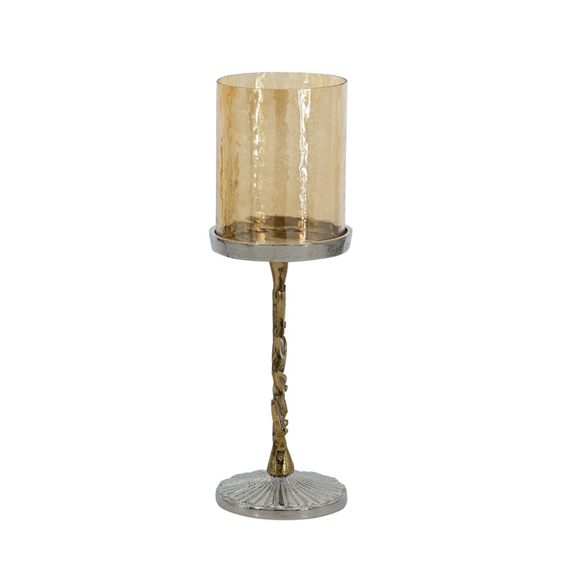 Gold Leaf Pillar Candle Holder With Silver Base And Glass Hurricane, 13.5" H x 4.5" W x 4.5" D