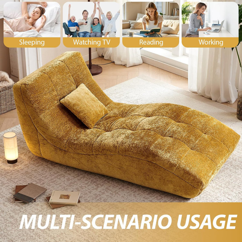 Chaise longue, canapé inclinable rembourré moderne, avec dossier incurvé, Jaune foncé
