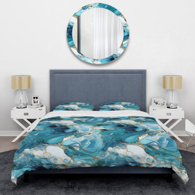 Ensemble de housse de couette abstrait - Motif de marbre bleu blanc océanique Allure