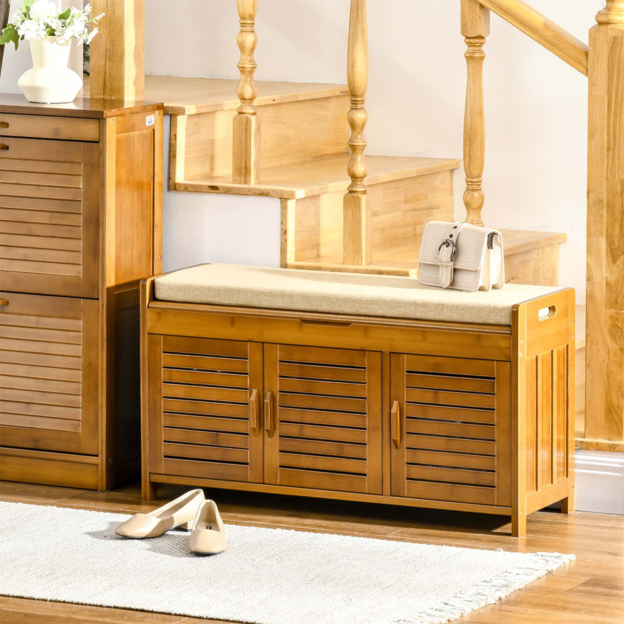 George Oliver Bamboo Entryway Shoe Bench with Storage Cabinets, Seating ...