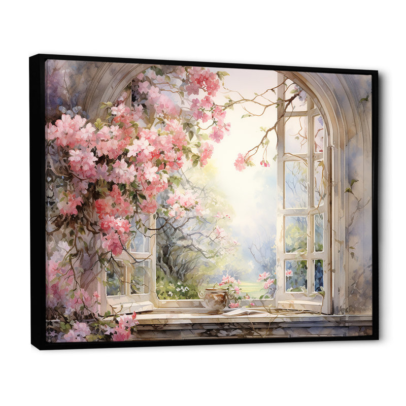 «Pink Blossoming Country Window Gaze I», reproduction d'art sur toile, H 16 po x l 32 po, Reproduction avec cadre flottant