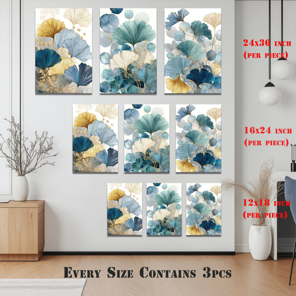 Red Barrel Studio Abstract Floral Blue and Gold Canvas Wrapped Wall Art ...