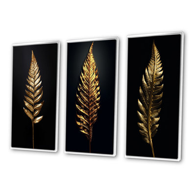 " Golden Fern Leaf On Black V " 3 - Pieces