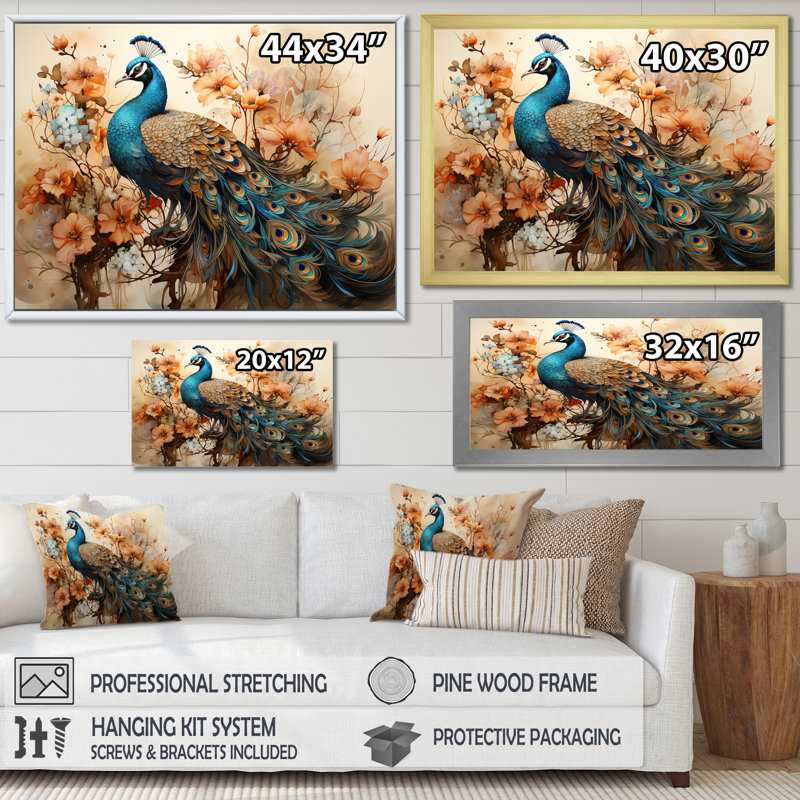 Ornement de fleur de paon classique rétro IV - impressions sur toile de paon, Cadre photo blanc, H 30 po x l 40 po x P 1,5 po