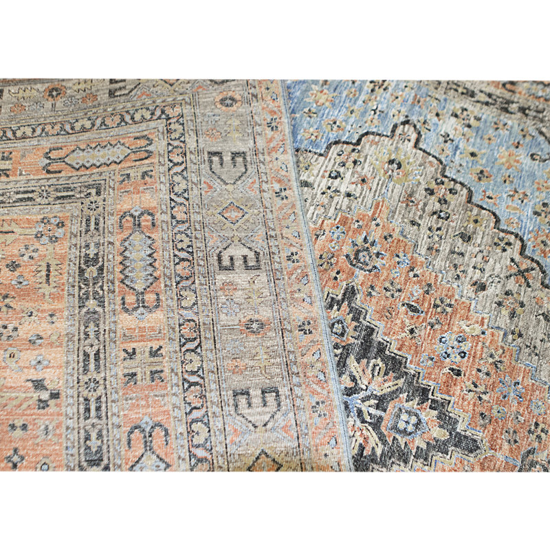 Tapis bleu et rouille de haute qualité noué à la main