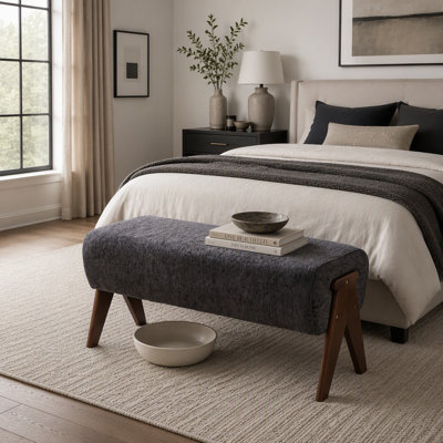 Chenille Fabric Entry Bench with Ergonomic Padded Seat and V-Shaped Legs