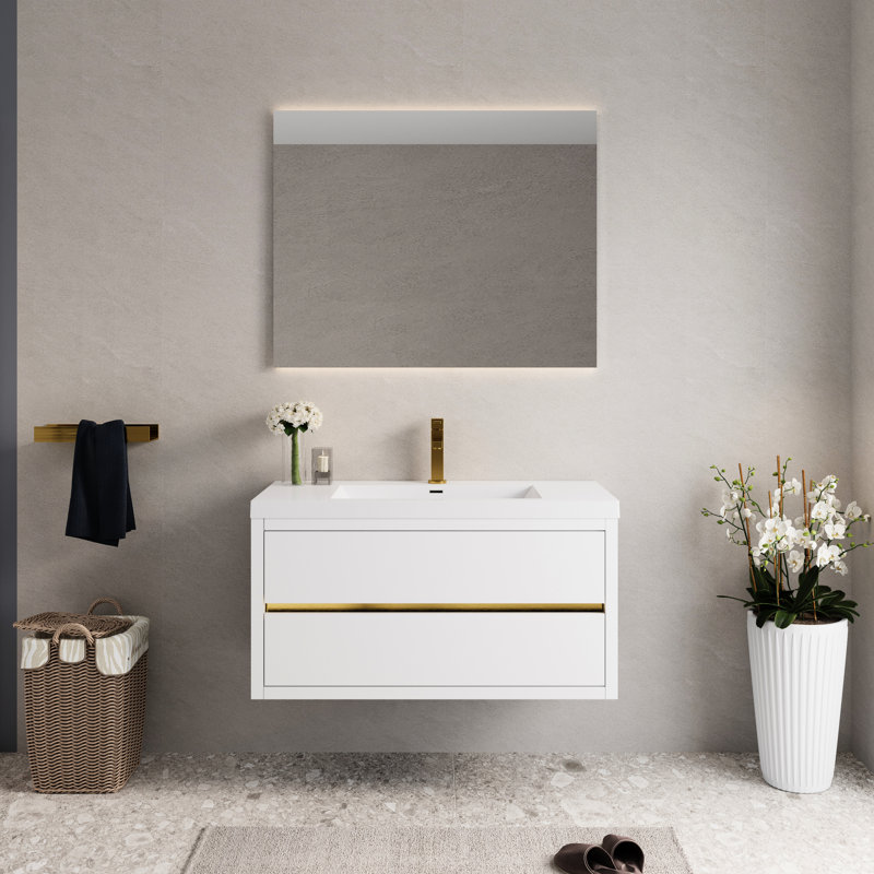 Meuble-lavabo mural de 42 po blanc brillant, rangement flottant avec lavabo en résine de pierre, tiroirs à fermeture en douceur, pré-assemblé pour une rénovation efficace