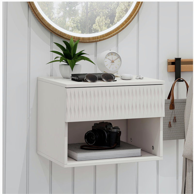 set of 2 nightstand with Stylish Wall-Mounted Cabinet - Dustproof Drawer + Open Area, 3-Stage Rails, Carved Design, Anti-Wobble, DIY-Matchable, Multi-Scene